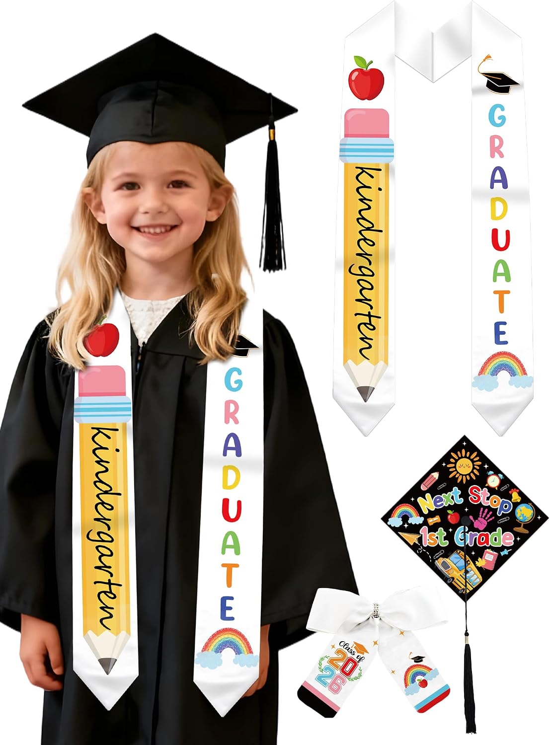 Kindergarten Preschool Graduation Cap and Stole - Grad Caps and White Bow Decor, Colorful Printed Sash for Kid