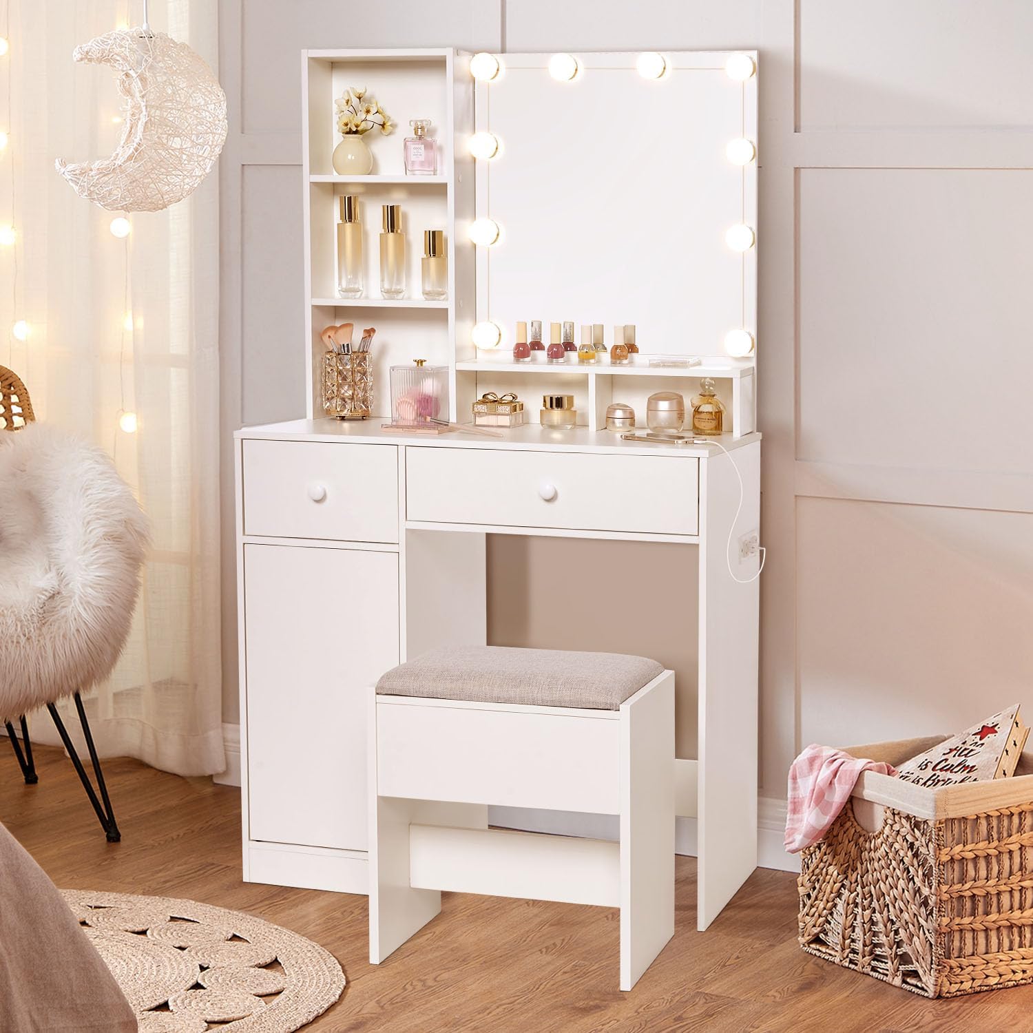 Vanity Desk with Mirror and Lights & Power Strip,Small Vanity for Small Space,Modern Makeup Table with 4 Drawers and Stool for Bedroom,White