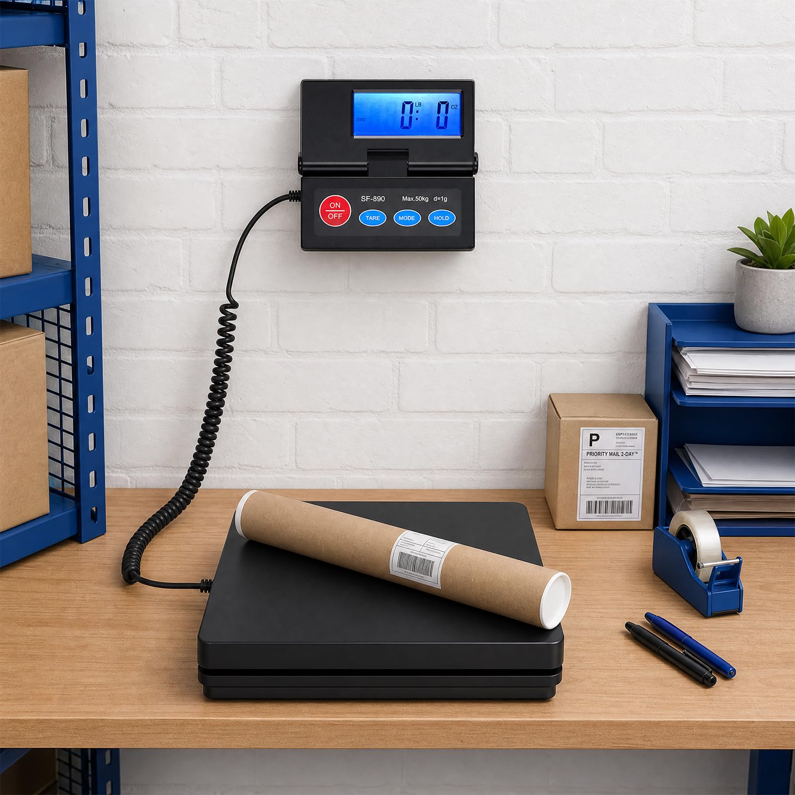 Bilancia per pacchi, 50 kg | D=2 g - Bilancia da piattaforma ad alta precisione, bilancia digitale per posta con display LCD esterno pieghevole, incl. batteria e cavo USB per pacchi/bagagli/ufficio