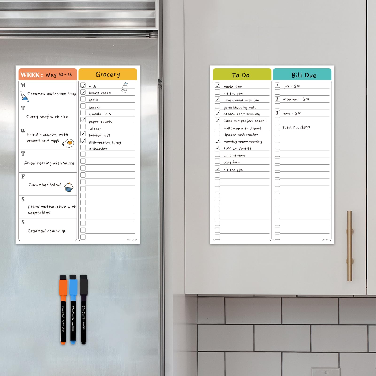 Non-Magnetic Dry Erase List for Fridge - Reusable 8"x11.5" List and Weekly Planning Board Stick to Most Smooth Surfaces - 3 Dry Erase Markers Included