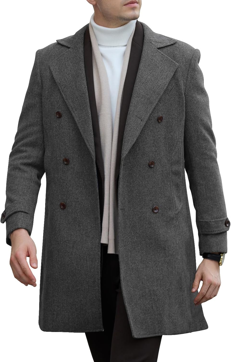 Mens Trench Coat Slim Fit Pea Coats Double Breasted Winter Wool Jackets Notched Lapel Collar Overcoat