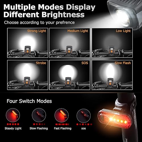 Vista 3 de Bike Lights, USB Rechargeable Bike Lights Front and Back, Bright Bike Headlight and Rear Light with Various Light Modes, IP65 Waterproof, for