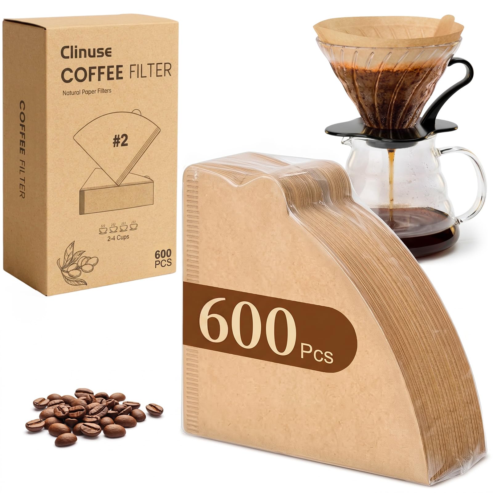 Clinuse 600Pcs Cone Coffee Filters #2, Unbleached Size 02 Coffee Filter