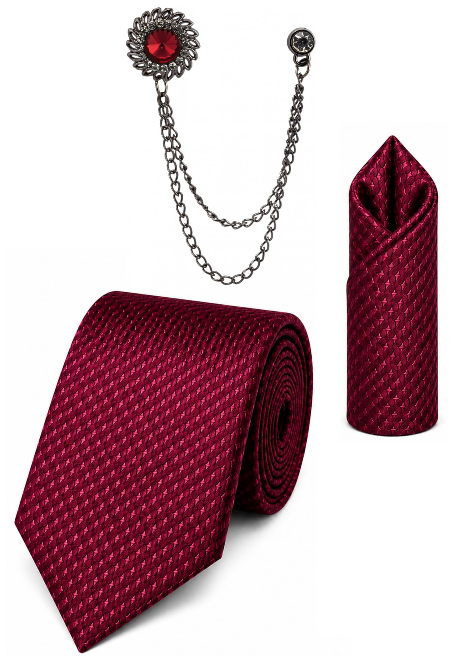 Random Stripe Men's Wine Red Silk Feel Necktie with Pocket Square & Black Stone Double Chain Brooch | Premium Formal Tie Set-picture-29