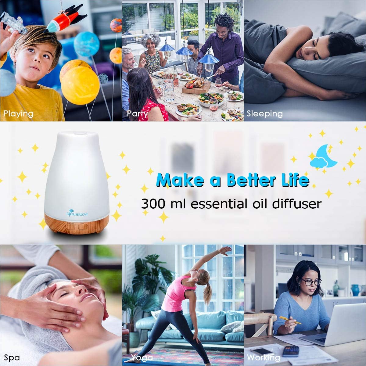 300ML Essential Oil Diffuser Remote Control Aromatherapy Diffuser Mist Humidifiers with 7 Color LED Lights and Waterless Auto Shut-Off for Bedroom Office House Kitchen Yoga : Health & Household