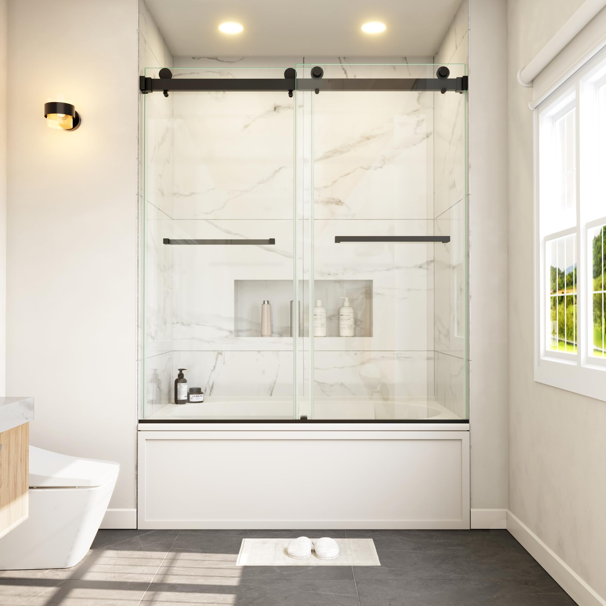 Puerta de bañera sin marco de 56-60 pulgadas de ancho x 66 pulgadas de alto, puertas corredizas dobles de 3/8 pulgadas de alto, vidrio templado SGCC transparente, mango de barra de toalla