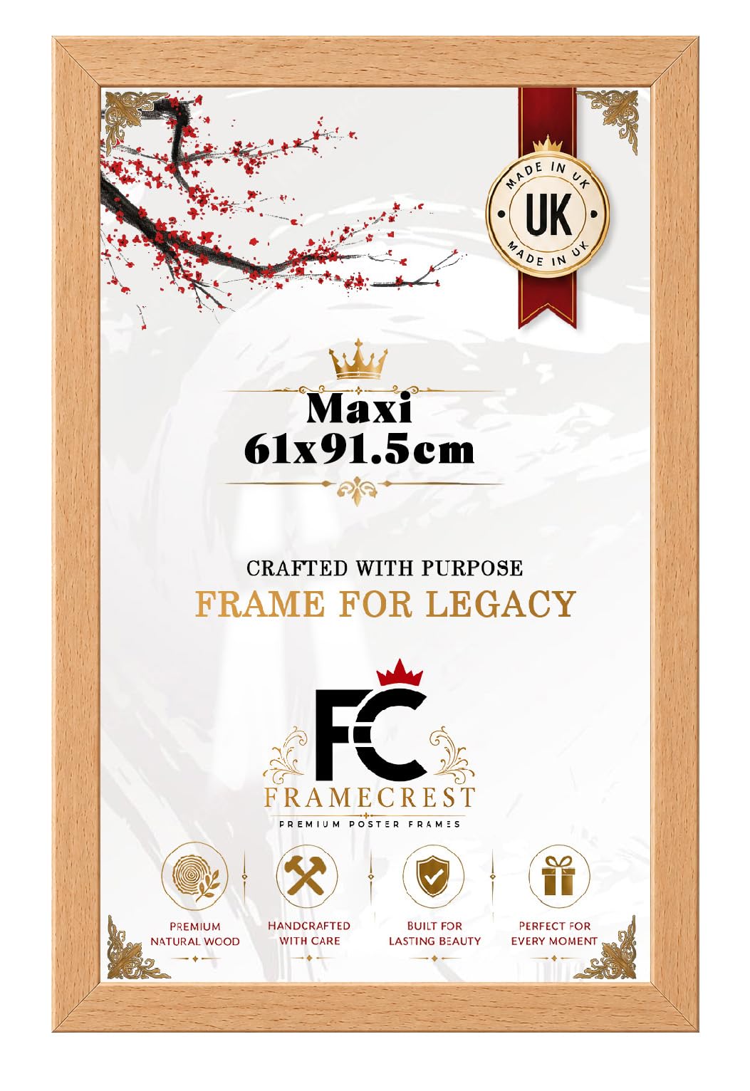 FRAMECREST Stunning Maxi 61x91.5cm MDF Frame | Jigsaw Puzzle Frame, Picture Frame, Poster Frame for Wall Mounting Display Horizontally or Vertically Hanging-[Beech]