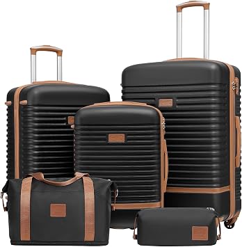 Coolife Luggage Set Carry On Suitcase,5 piece, BlackDB/TB/20/24/28 | 360 Spinner Wheels;Convenient Trolley Sleeve;Water-Resistant Fabric;Fully-Lined Zipper Interior;Lightweight ABS