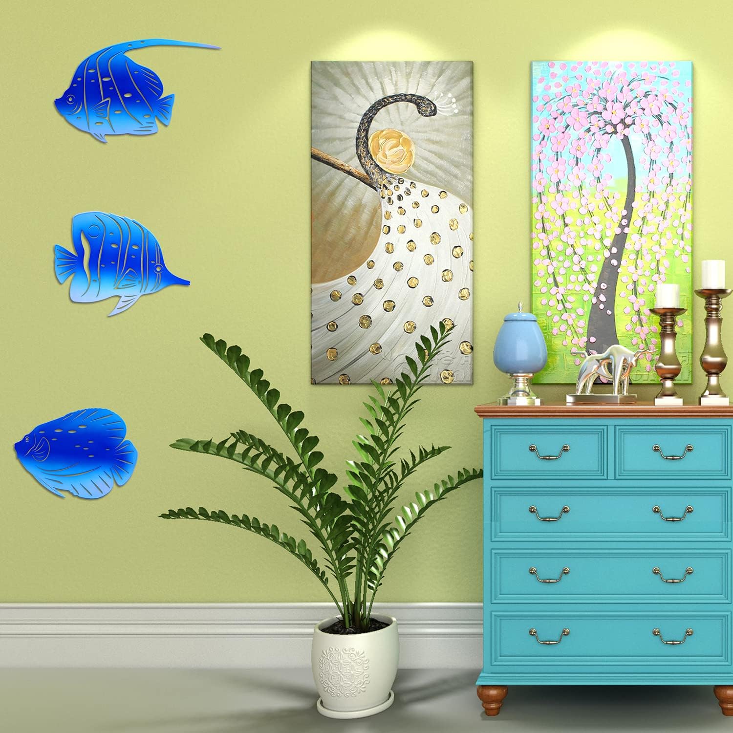 sea wall art decor tropical fish metal hanging decorations for bathroom beach indoor outdoor ocean pool coastal patio home office Bedroom living room blue 3 set, 9 inch, family gifts Rays