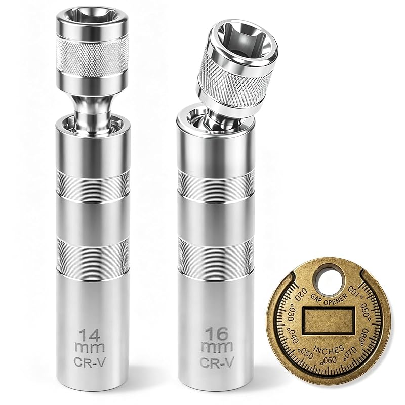 Kit de Soquetes Magnéticos Articulados para Velas de Ignição 14 mm e 16 mm, Parede Fina, Encaixe de 9,5 mm (3/8 pol.), Aço CR-V, com Ferramenta de Ajuste de Folga Hearthhub