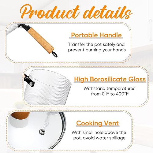 Miniatura 9 de Uiifan Juego de 2 ollas de vidrio para cocinar en la estufa, utensilios de cocina de vidrio transparente con mango de tapa y sartén, cacerola a