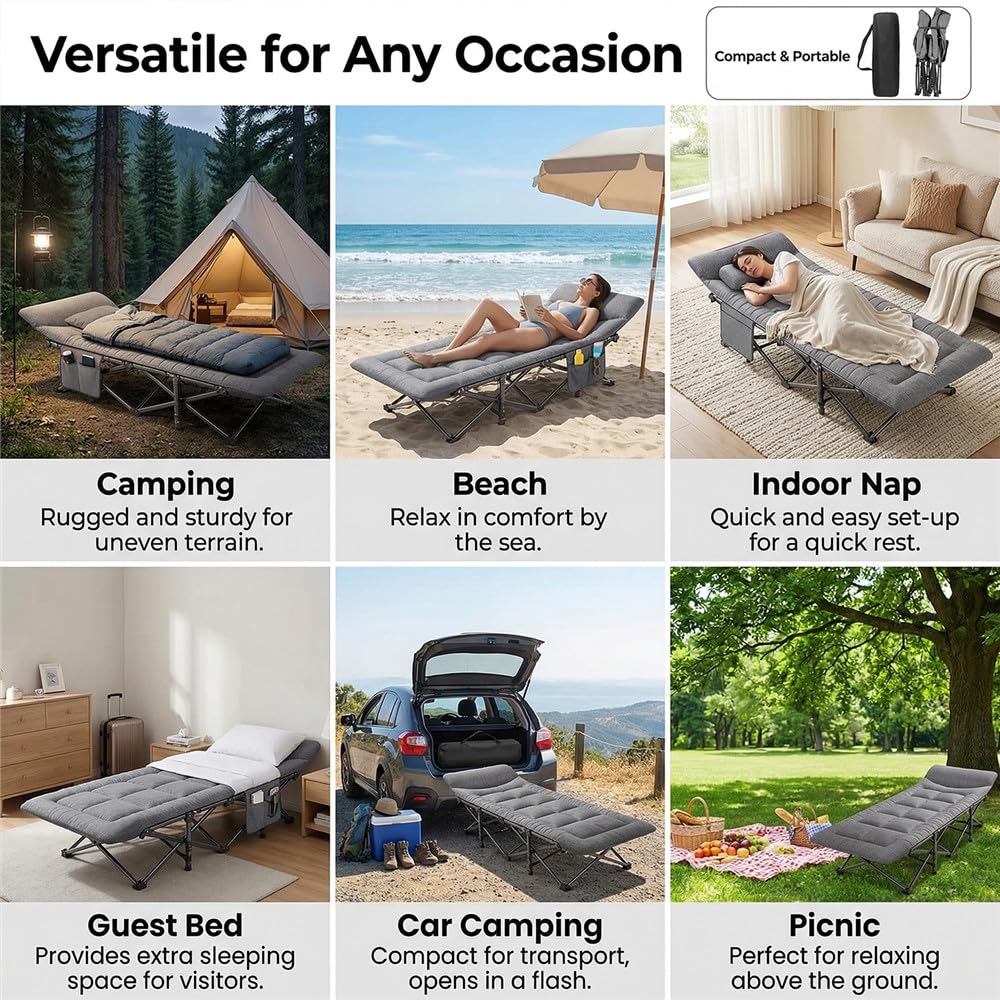 Lit de Camping Pliable avec Oreiller et Poche Latérale, Lit de Camp Rembourré 190 x 65 cm, Cadre en Acier jusqu’à 200 kg, Lit d’Appoint Portable avec Sac de Transport pour Camping, Jardin, Bureau