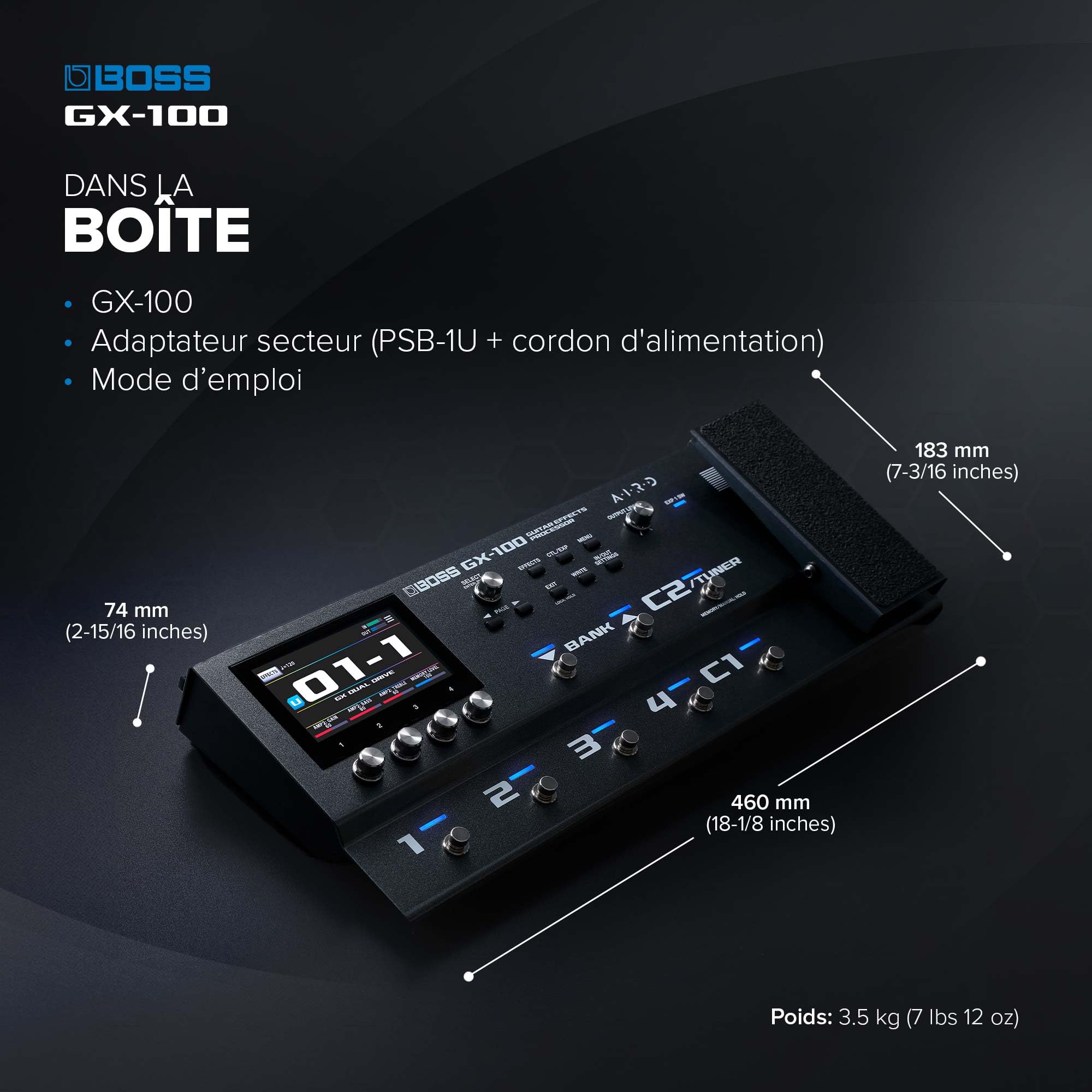BOSS GX-100 | Processeur d'effets évolué pour guitare | Sons authentiques d'amplis à lampes grâce à la technologie AIRD | 32 types d'ampli et plus de 170 effets BOSS