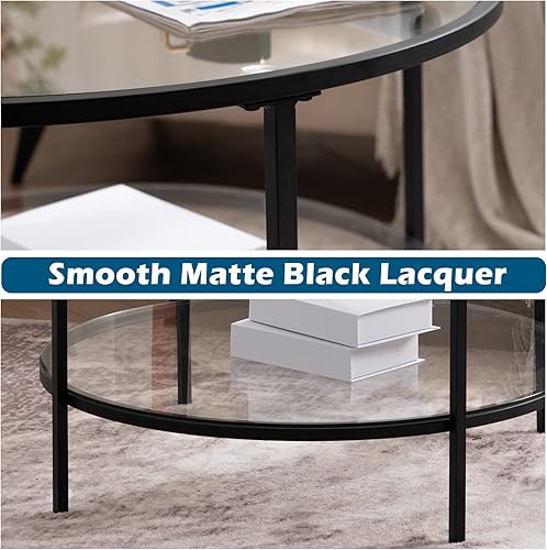 Miniatura 5 de VINGLI Mesa de centro de cristal, mesa de centro redonda de 30 pulgadas, mesas de centro negras para sala de estar, mesa auxiliar de vidrio Negro