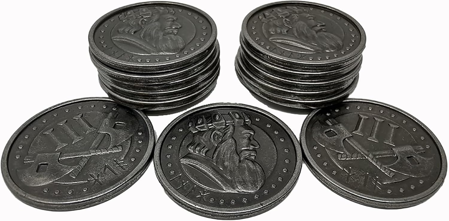 Roll Player: 60 Premium Metal Gaming Coins | Realistic Fantasy Coins for Roll Player & Other Games, RPGs, Cosplay | Token Upgrade with Custom Coins in 1 and 3 Value by Thunderworks Games