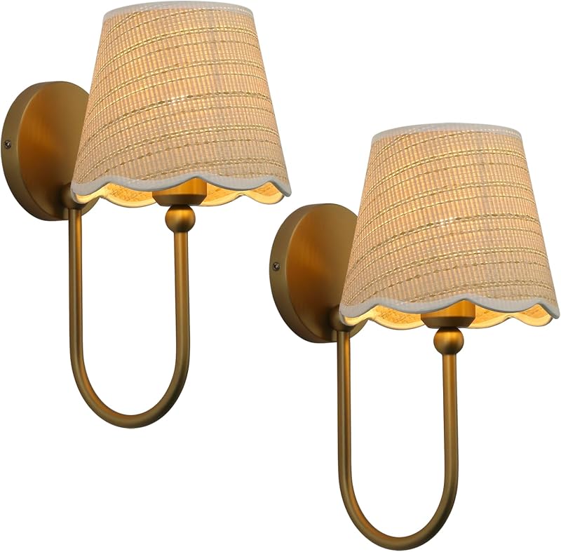 Hardwired Set of 2 Wall Sconces Boho Rattan Lampshade, Vintage Curved Arm Bathroom Vanity Lights, Indoor Wall Decor Lamp for Living Room, Bedroom, Foyer