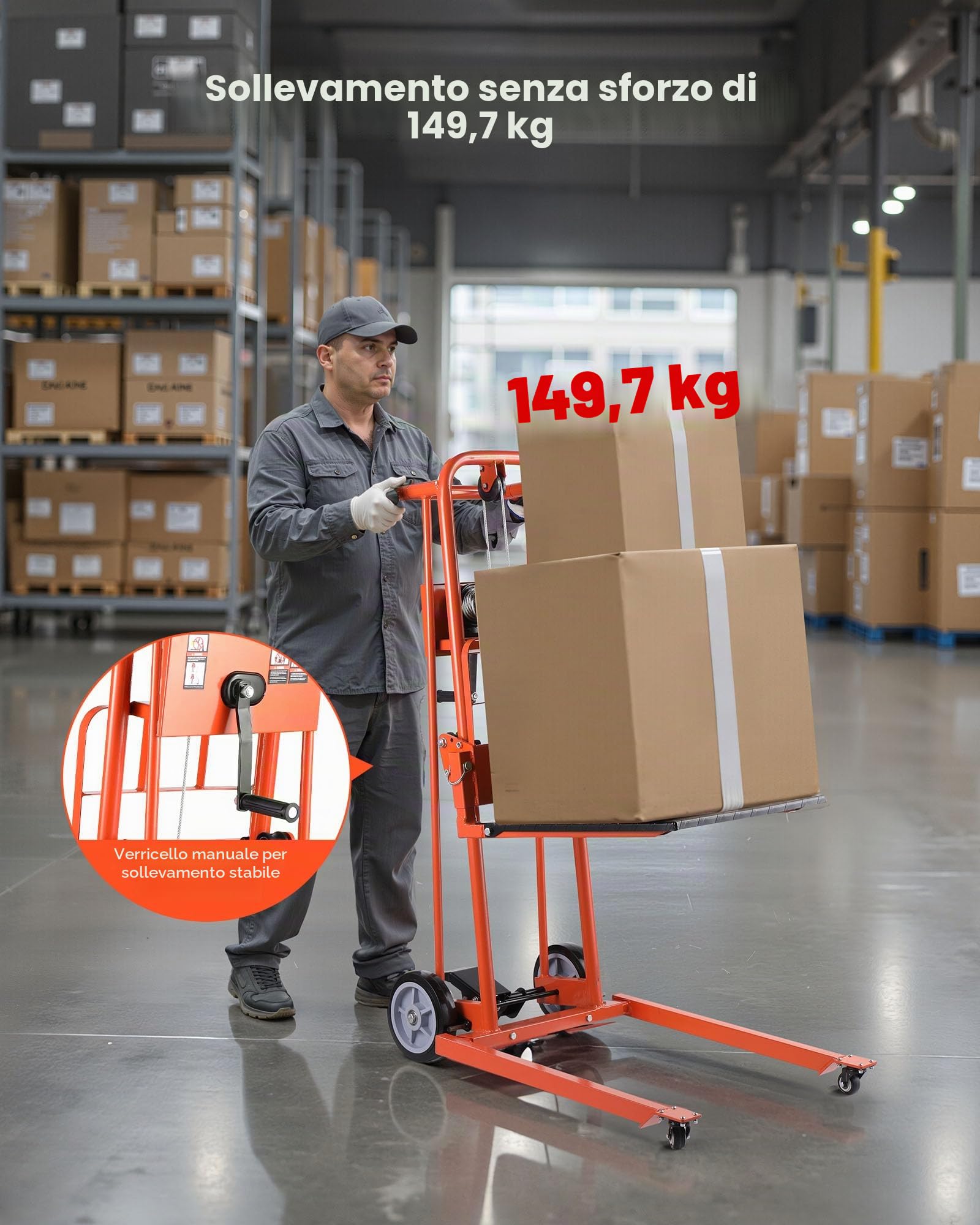 VEVOR Carrello Elevatore a Verricello, con Capacità di 150 kg, Altezza di Sollevamento di 109 cm, Carrello Elevatore a Transpallet Manuale con Ruote Girevoli e Piastra di Sollevamento