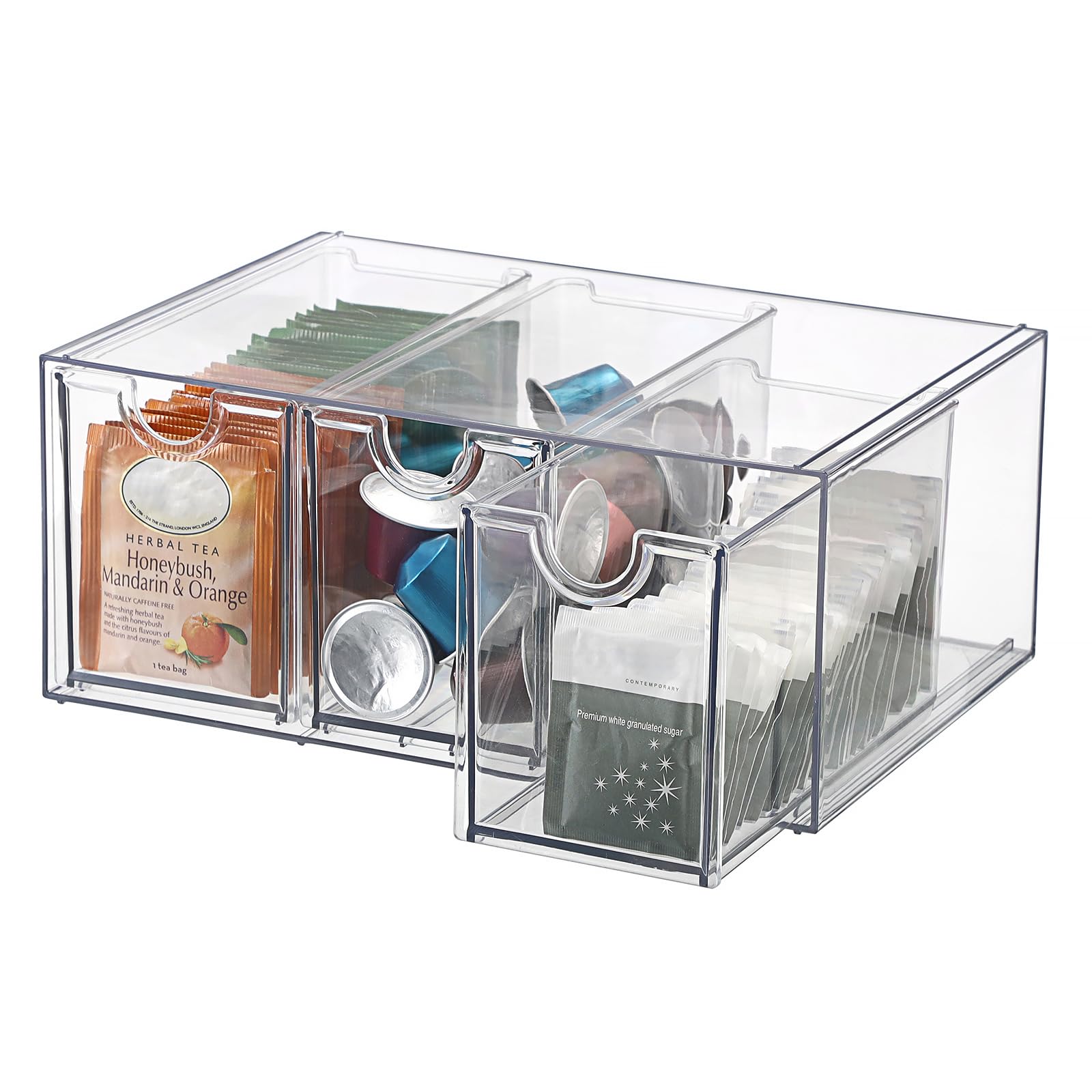 elldoo 3 drawers tea bag organizer box, clear acrylic stackable tea bag storage holder for kitchen pantry, coffee pod snack storage for countertop cabinet