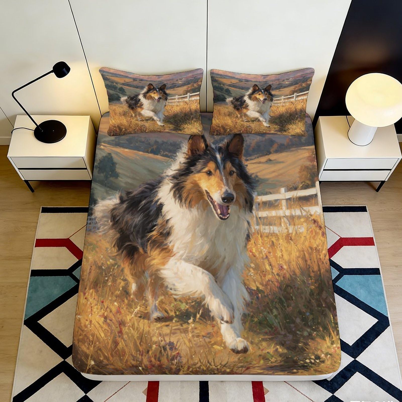 3D Printed Collie Dog Fitted Sheet Microfiber Soft Breathable Pastoral Field Mattress Cover for Bedroom Dorm Decor 90x200x25cm