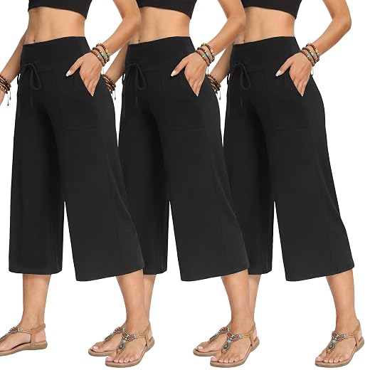 TNNZEET 3 Pack Women's Wide Leg Pants with Pockets - Casual Loose Yoga Trouser Pants Sweatpants Palazzo Lounge Pajama Pants