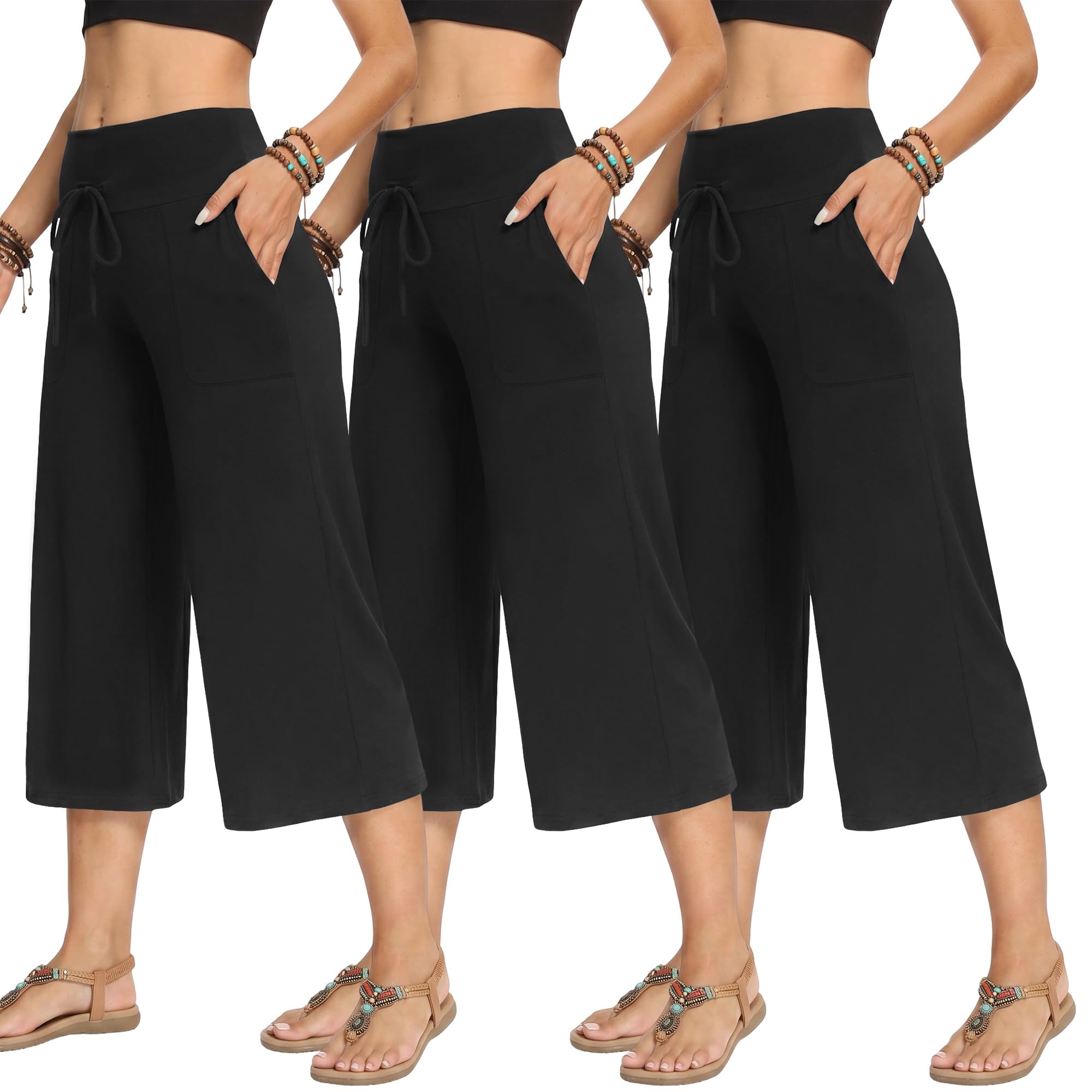TNNZEET 3 Pack Women's Wide Leg Pants with Pockets - Casual Loose Yoga Trouser Pants Sweatpants Palazzo Lounge Pajama Pants