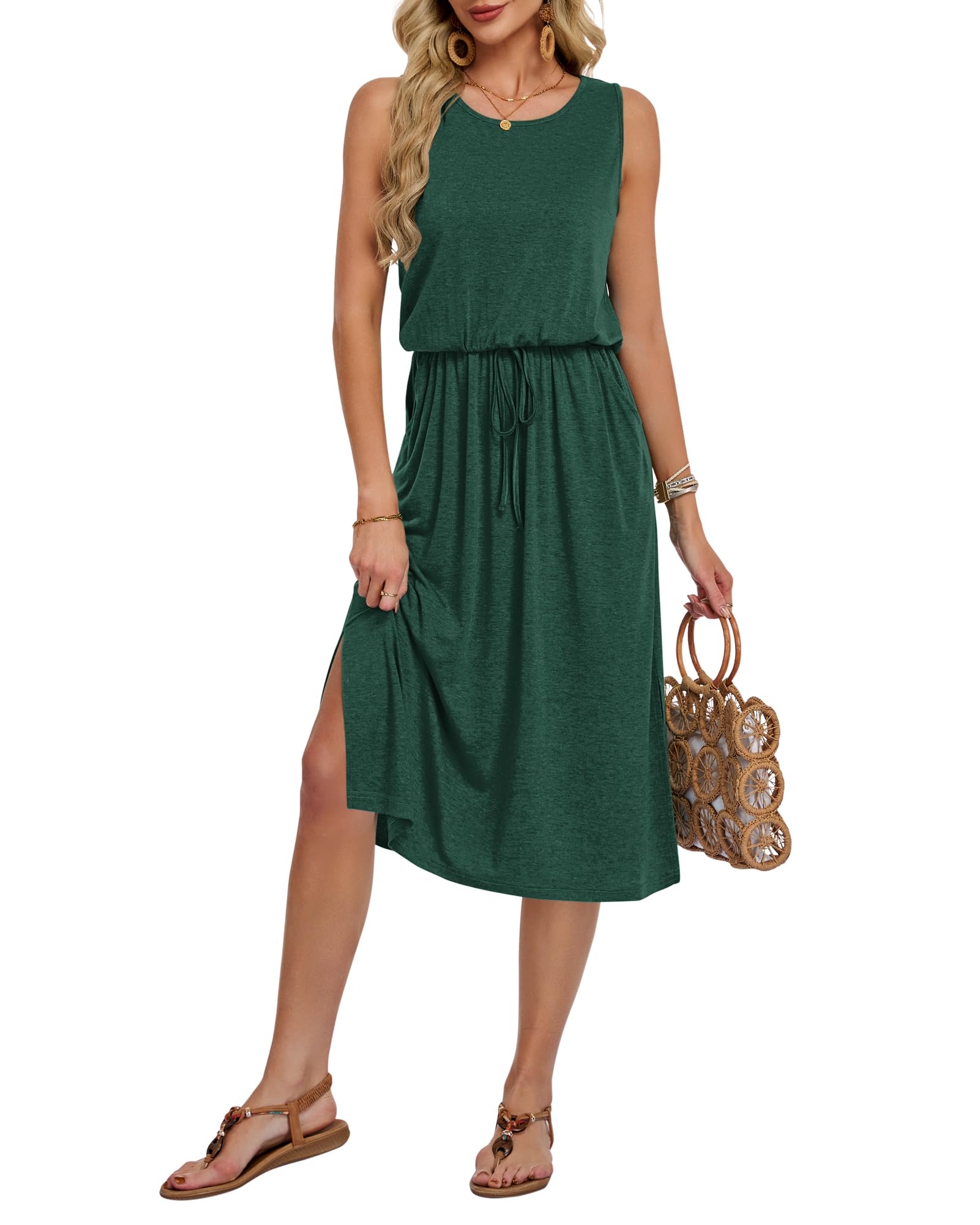 AUSELILY Robe d'été Mi Longue Femme sans Manches Robe Fluide Casual Légère avec Fente Devant et Poches Chic Élégant pour Été