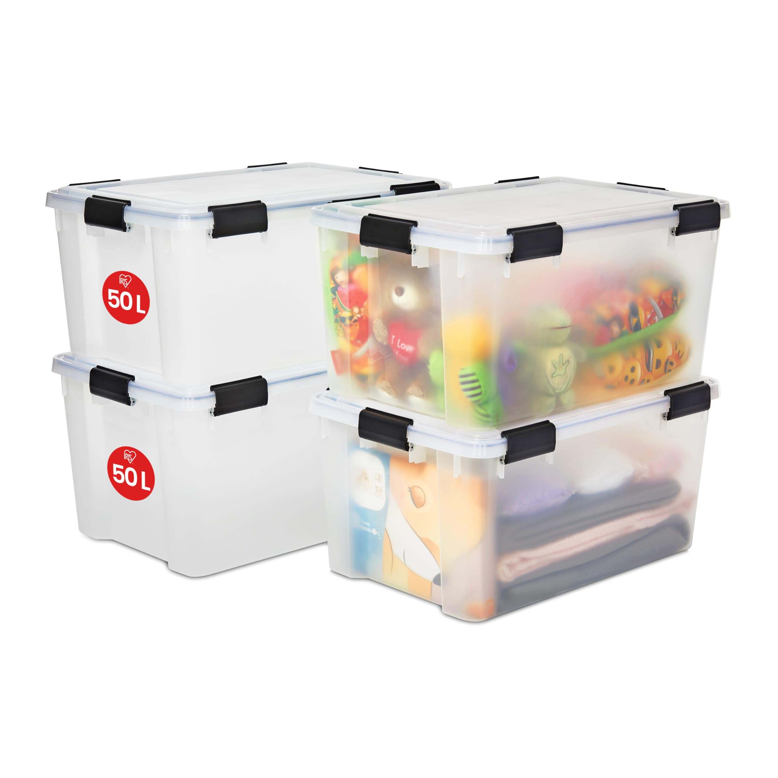 Iris Ohyama, Boite Rangement Hermétique, 50L, Lot de 4, Transparent, Couvercle avec Joint Etanche, 6 Clips de Fermeture, Empilable, pour Exterieur, Garage, Vetement, Anti Poussiere, Sans BPA, AT-L