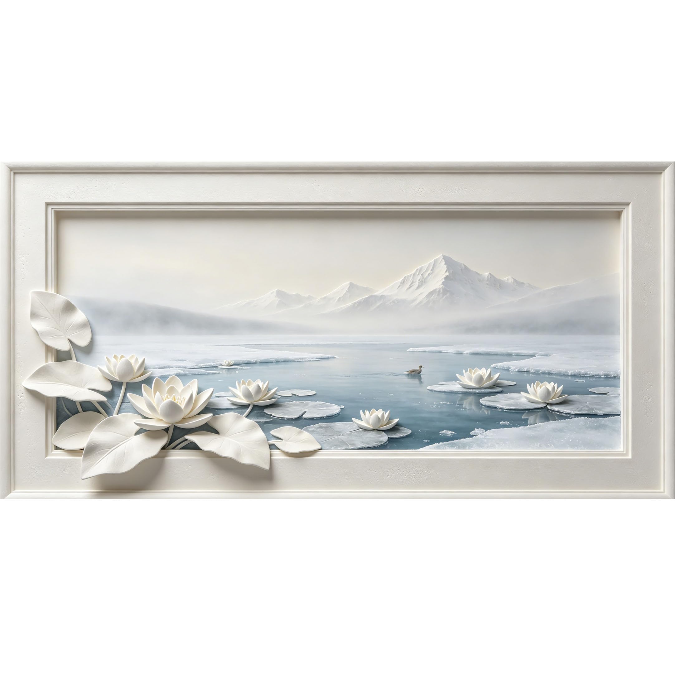 Agglomerix 3D Framed Wall Art Water Lily Lake Ice Mountain Landscape Minimalist Large Size Self-Adhesive Removable Wall Decor Prints Artwork for Living Room Bedroom Office