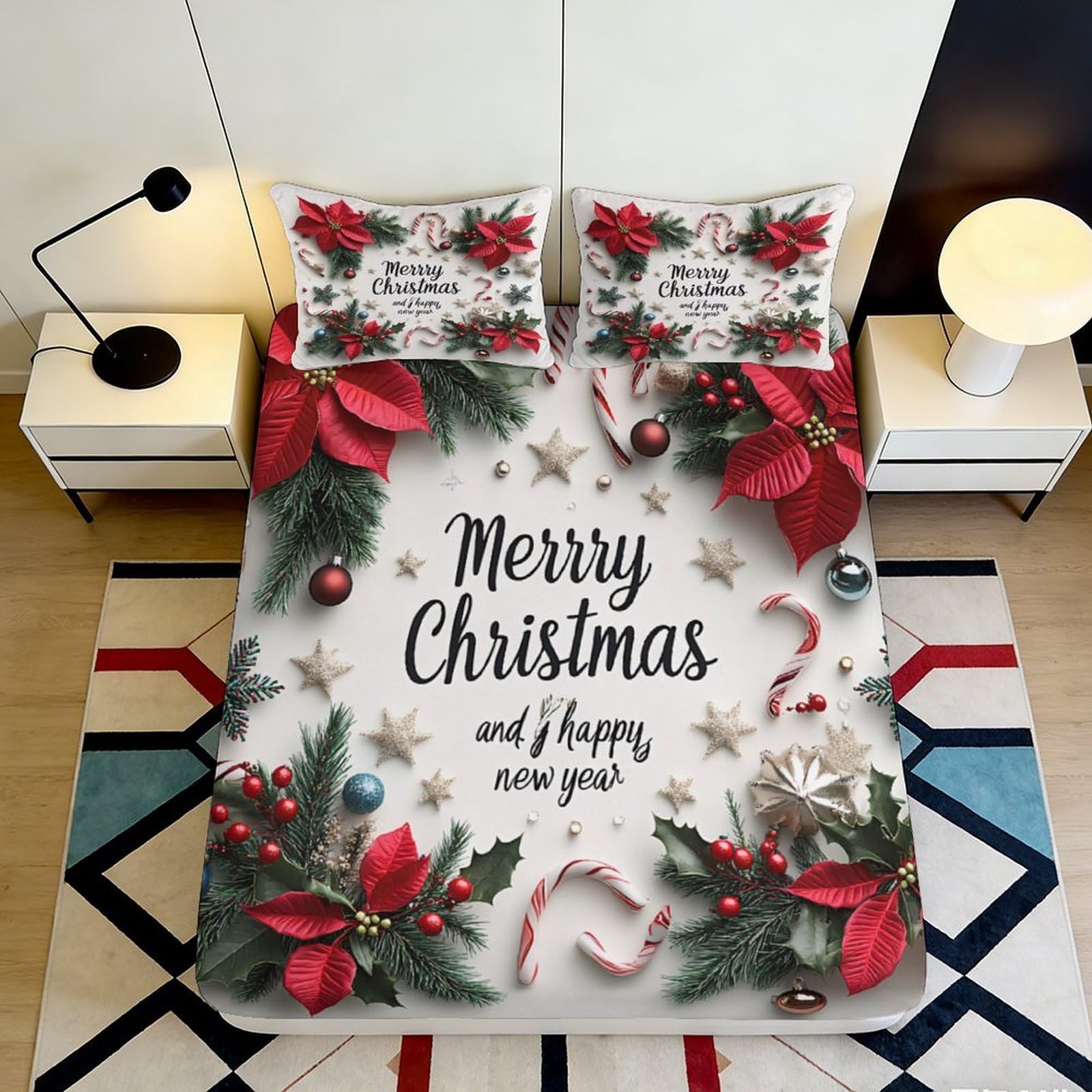3D Printed Christmas Poinsettia Fitted Sheet Microfiber Soft Snowflake Candy Cane Mattress Cover for Bedroom Guest Room Decor 90x200x25cm