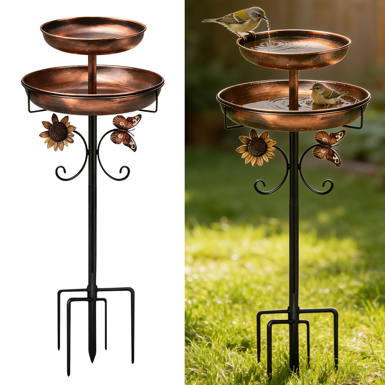 Lergas Bebedero para pájaros de pie, baño para pájaros para exterior, jardín, 2 en 1, de metal, bebedero para pájaros, bebedero para pájaros antiguos, resistente al invierno, para exteriores, balcón