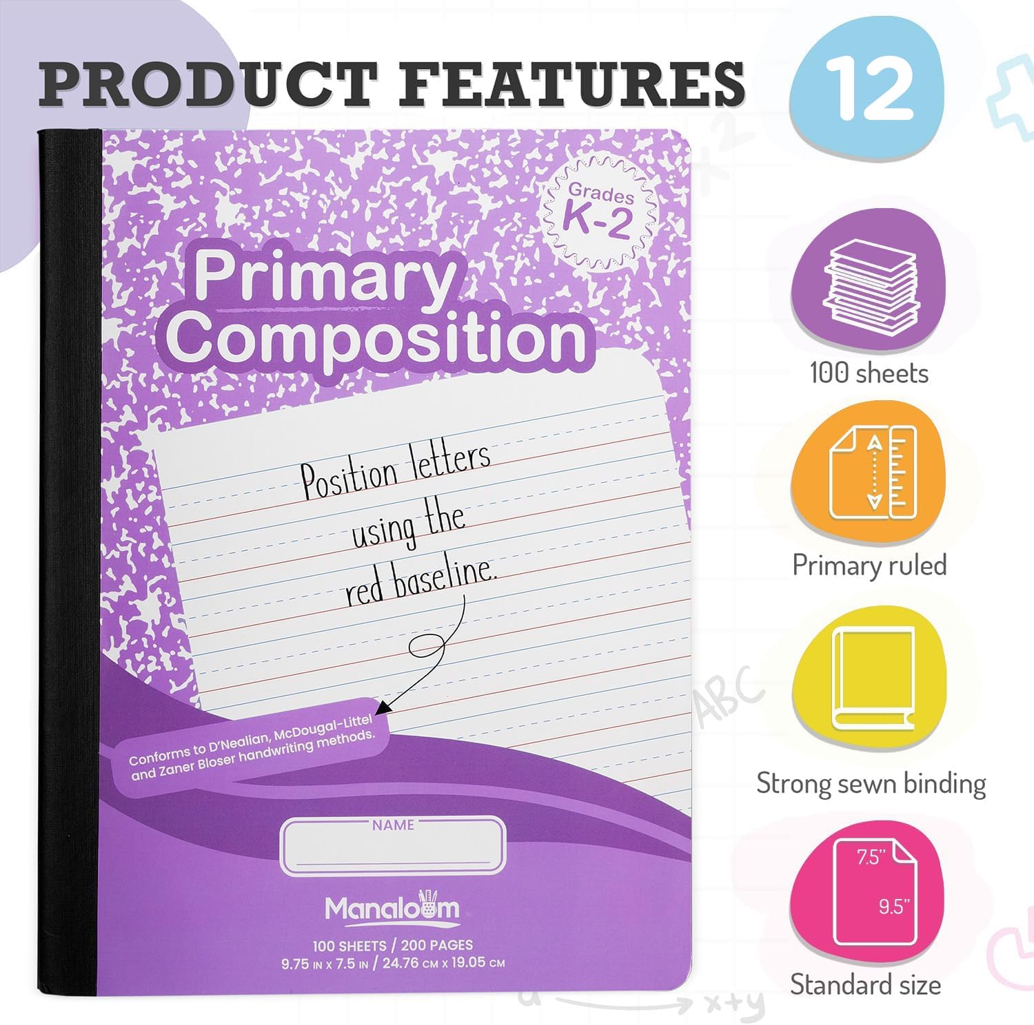 Cahier de composition primaire K-2, cahier de composition ligné primaire de 2e année, maternelle, 1re année, cahiers lignés, ligné primaire - 24 x 19 cm - Couverture durable - 100 feuilles - Couleurs