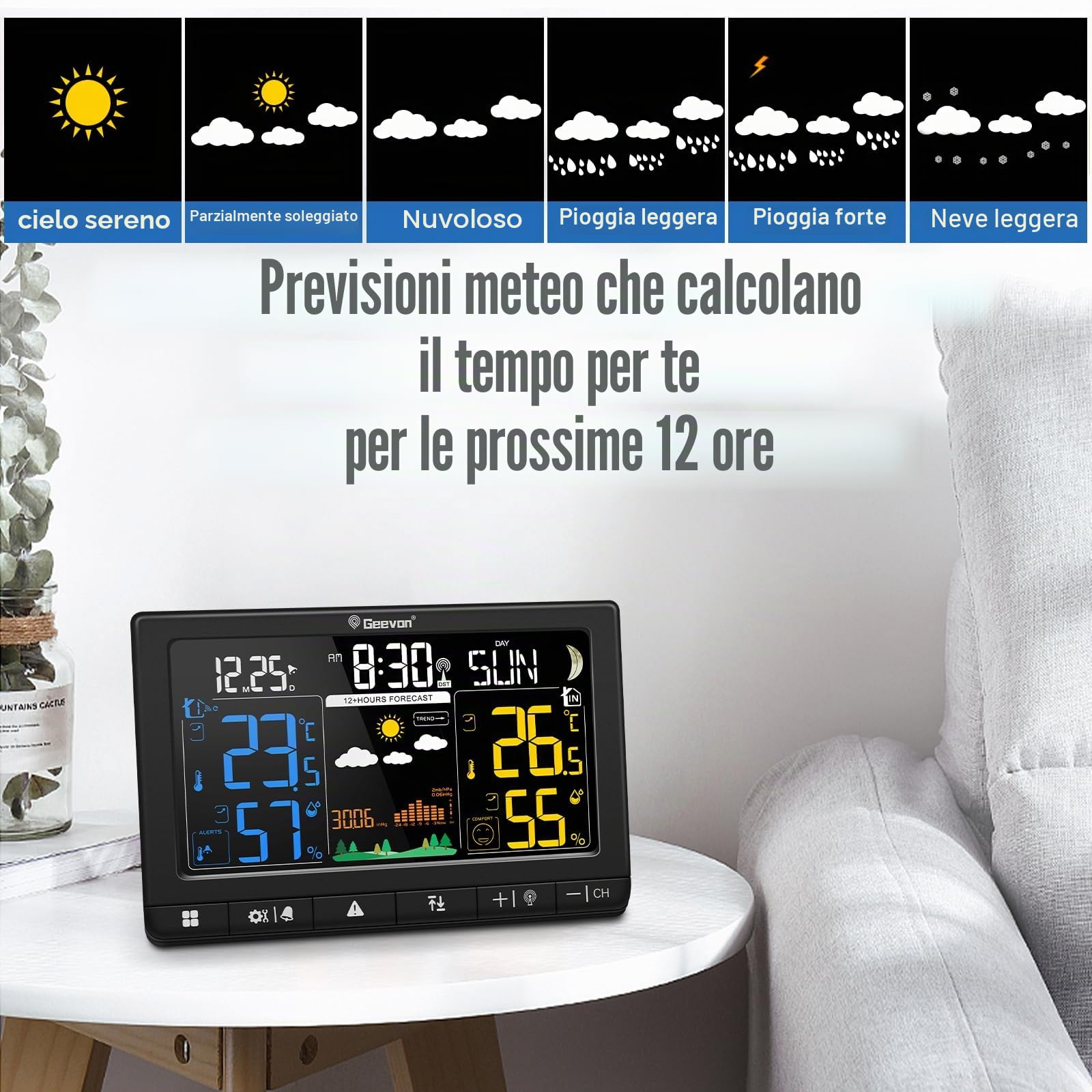Geevon Stazione meteo radio con sensore esterno, orologio radio DCF, ampio angolo di lettura LCD a 350°, per interni ed esterni, umidità, barometrico, fase lunare, previsioni meteo (246304 con