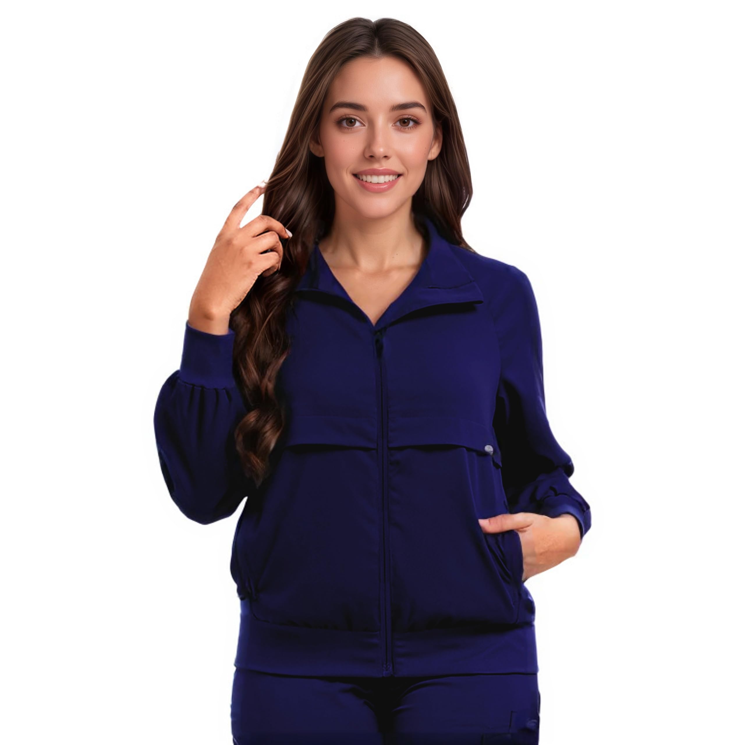Medical Scrub Jacke Aufwärmjacke Stillmäntel Langärmeliger Stehkragen Frontreißverschluss Vier Taschen