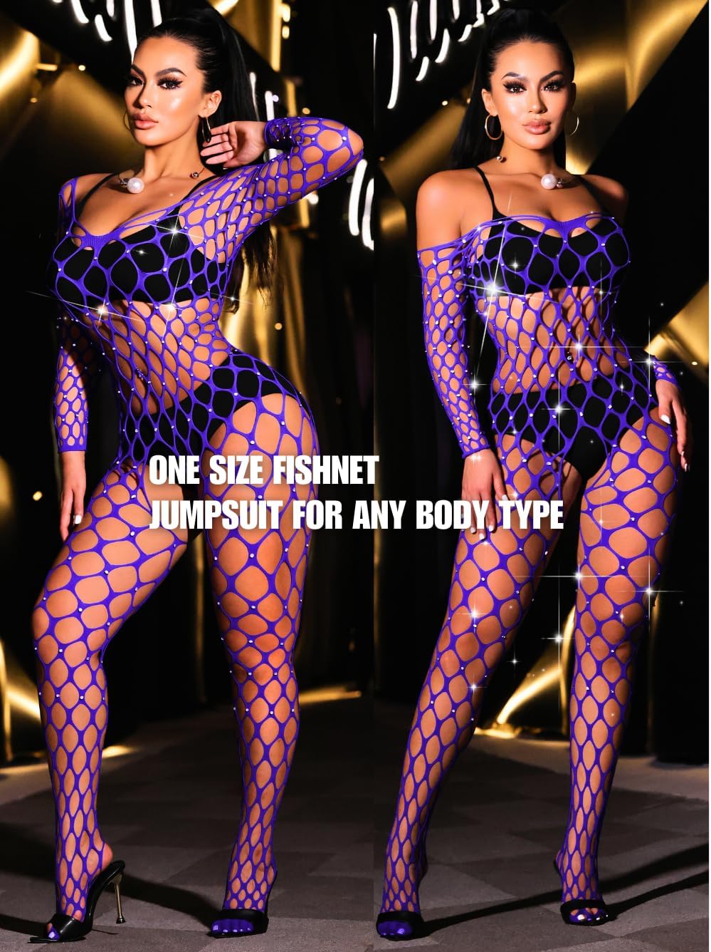 Fishnet Jumpsuit Fits All Size, Rave Outfits Sparkly Rhinestone, Sexy Exotic Dancewear For Women Plus Size - Image 6