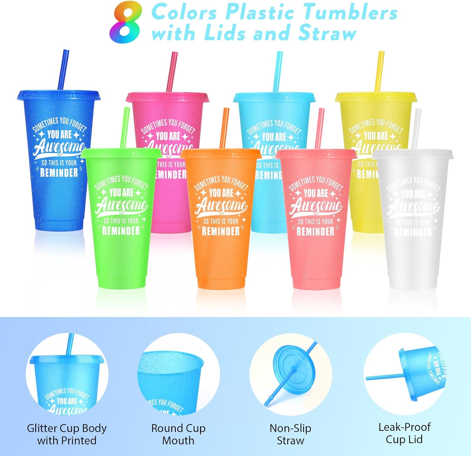 24 Pack Plastic Tumblers with Lids and Straws, Sometime You Forget You Are Awesome Gifts Reusable Cups with Lids Colorful Cups for Party, Iced Coffee Cup Bulk Tumbler (24 oz, Light Color Printed) - Image 3