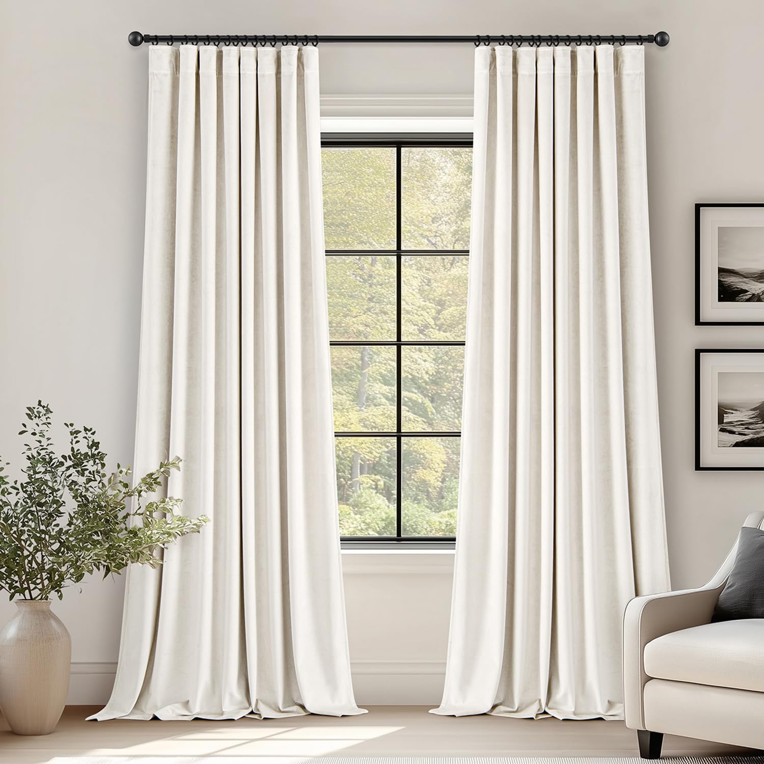 Ivory White Velvet Curtains 84 Inches Long Blackout Thermal Insulated Soundproof Curtain Privacy Room Darkening Curtains Pinch Pleat Window Drapes for