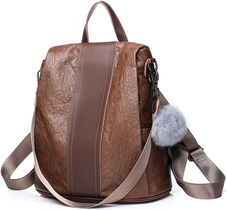 FAIRYSAN Women Knapsack Leather Backpack Rucksack Handbags Ladies Daypack Girls Vintage Pompom School Travel Bag Brown(Size: 29cm*14cm*31cm, handle: 9cm approx.)