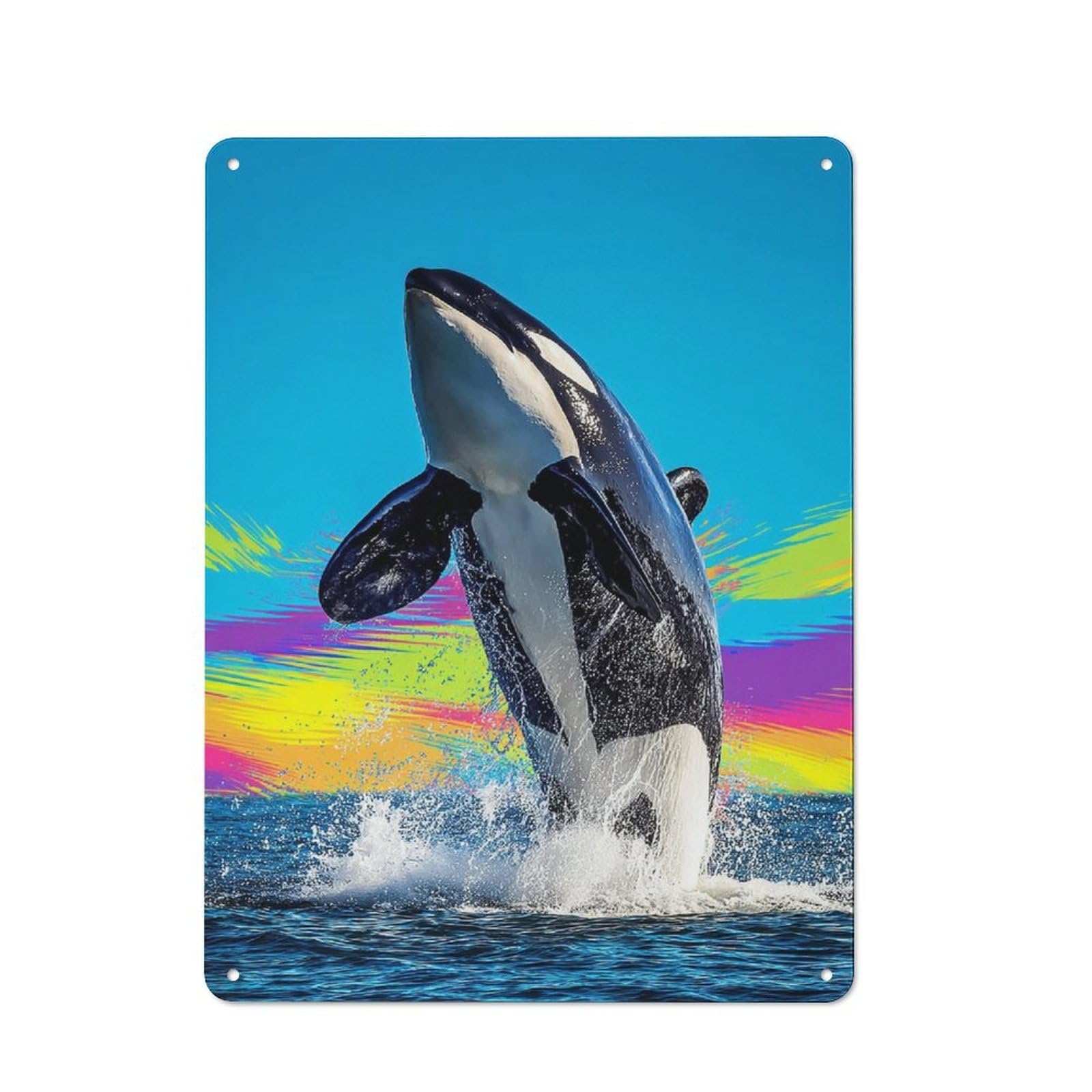 Junmoney Orca Leaping In Colorful Waters Tin Wall Plaque 40X30cm With For Home Bar Wall, A Decorative Christmas Gift For Hosts Who Enjoy Retro Interiors