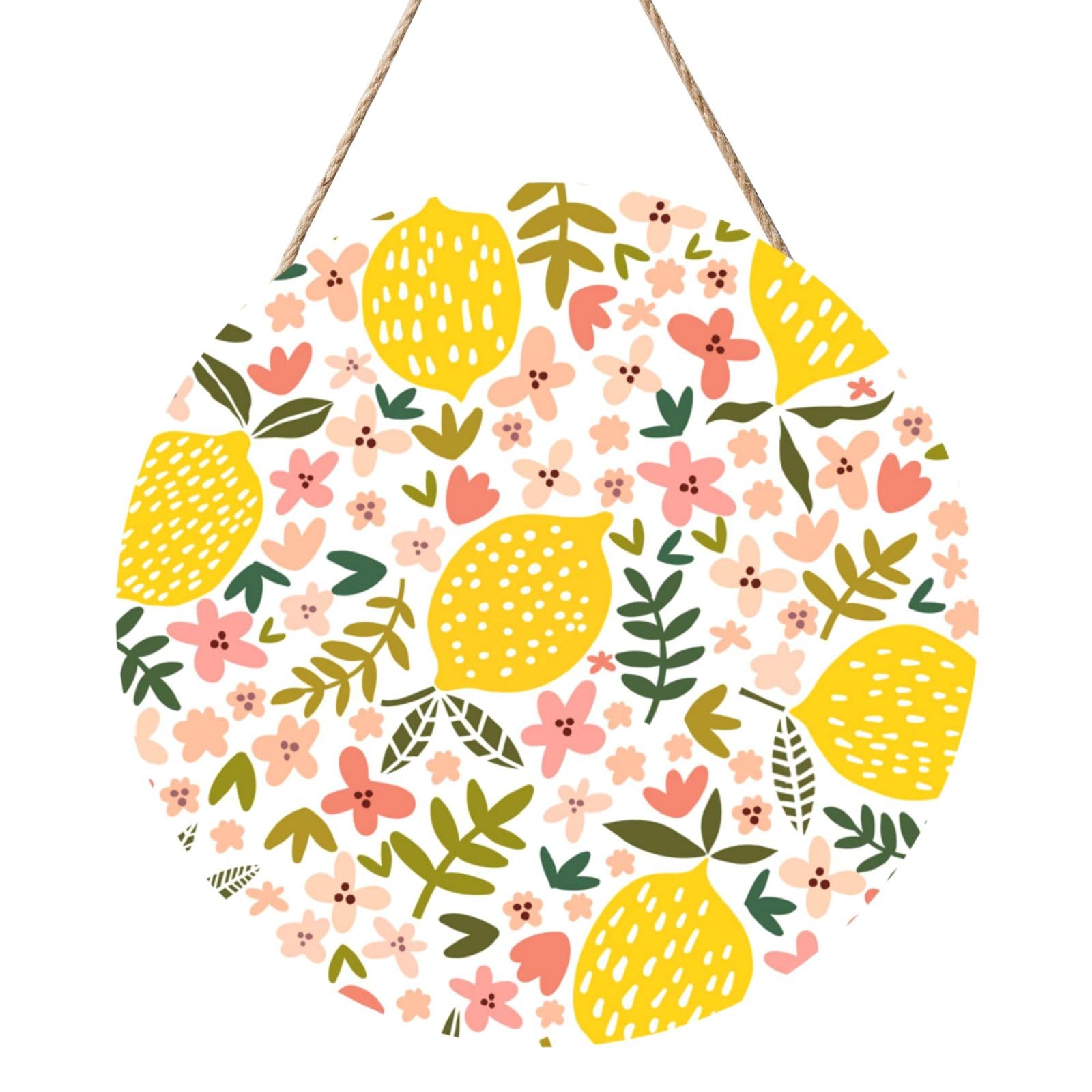 InOmak Floral Lemon Lemon Yellow, Round Wood Panel Painting 12 in, Wall Hanging Painting For Home
