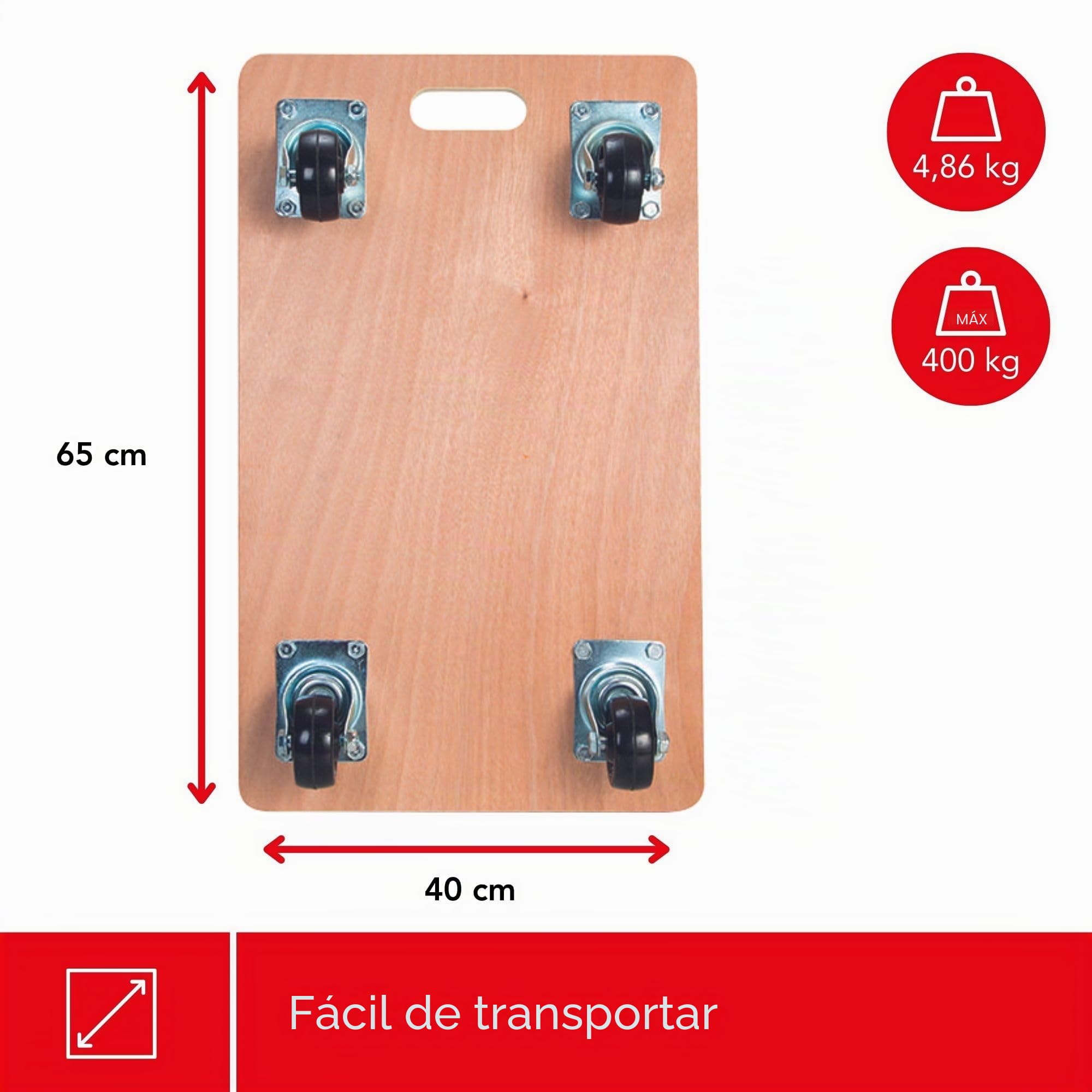 Toolland Plataforma con Ruedas para Muebles, Ayuda de Transporte 400 kg, Base de contrachapado 65 x 40 cm, Revestimiento Antideslizante, asa y 4 Ruedas giratorias de Goma, mudanzas