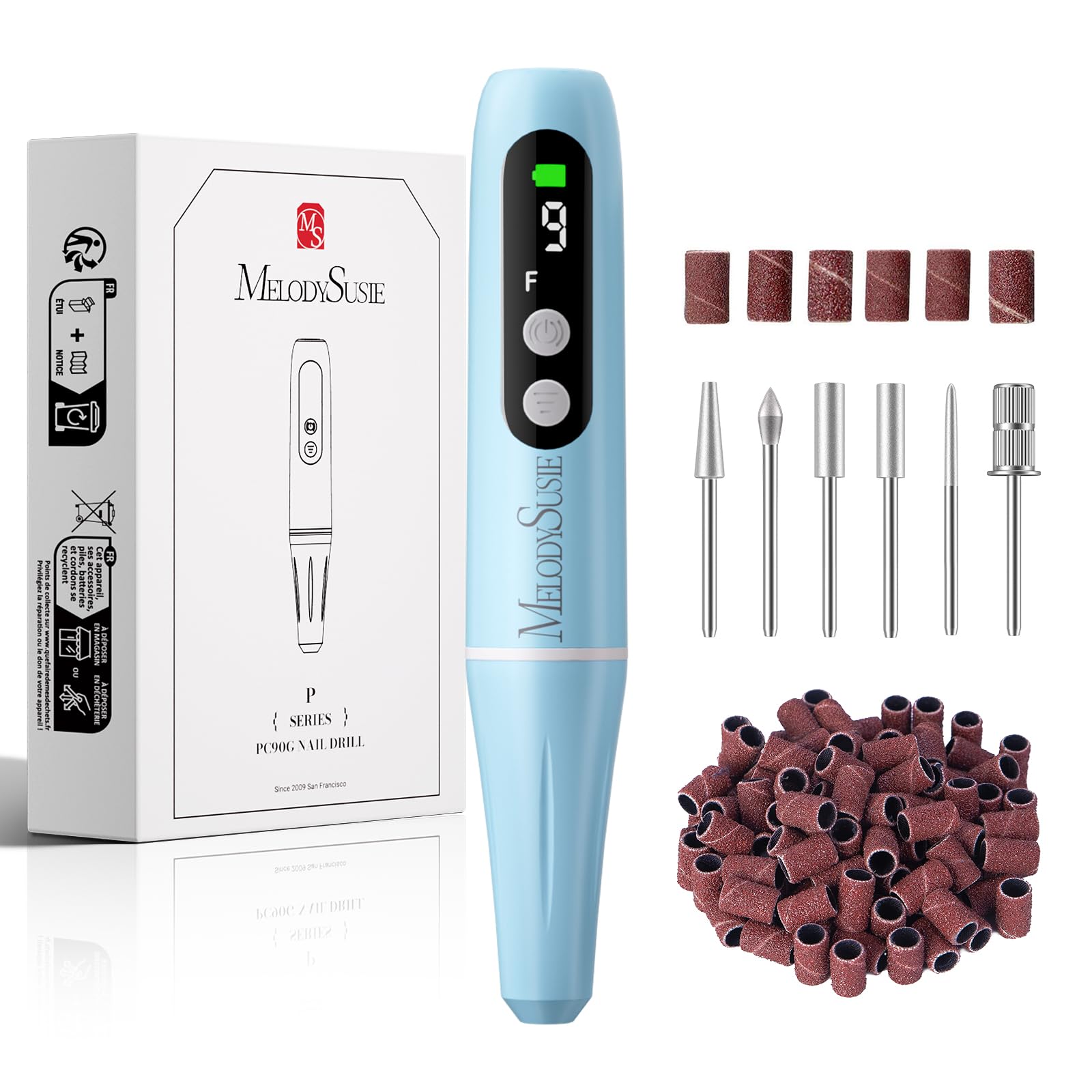 MelodySusie Nagelfräser Kabellos, Elektrische Nagelfeile für Gelnägel Acrylnägel, PC90G Fräser Nägel 20000 U/Min, Verstellbarer Geschwindigkeit, Maniküre Set Elektrisch für Anfänger (Blau)