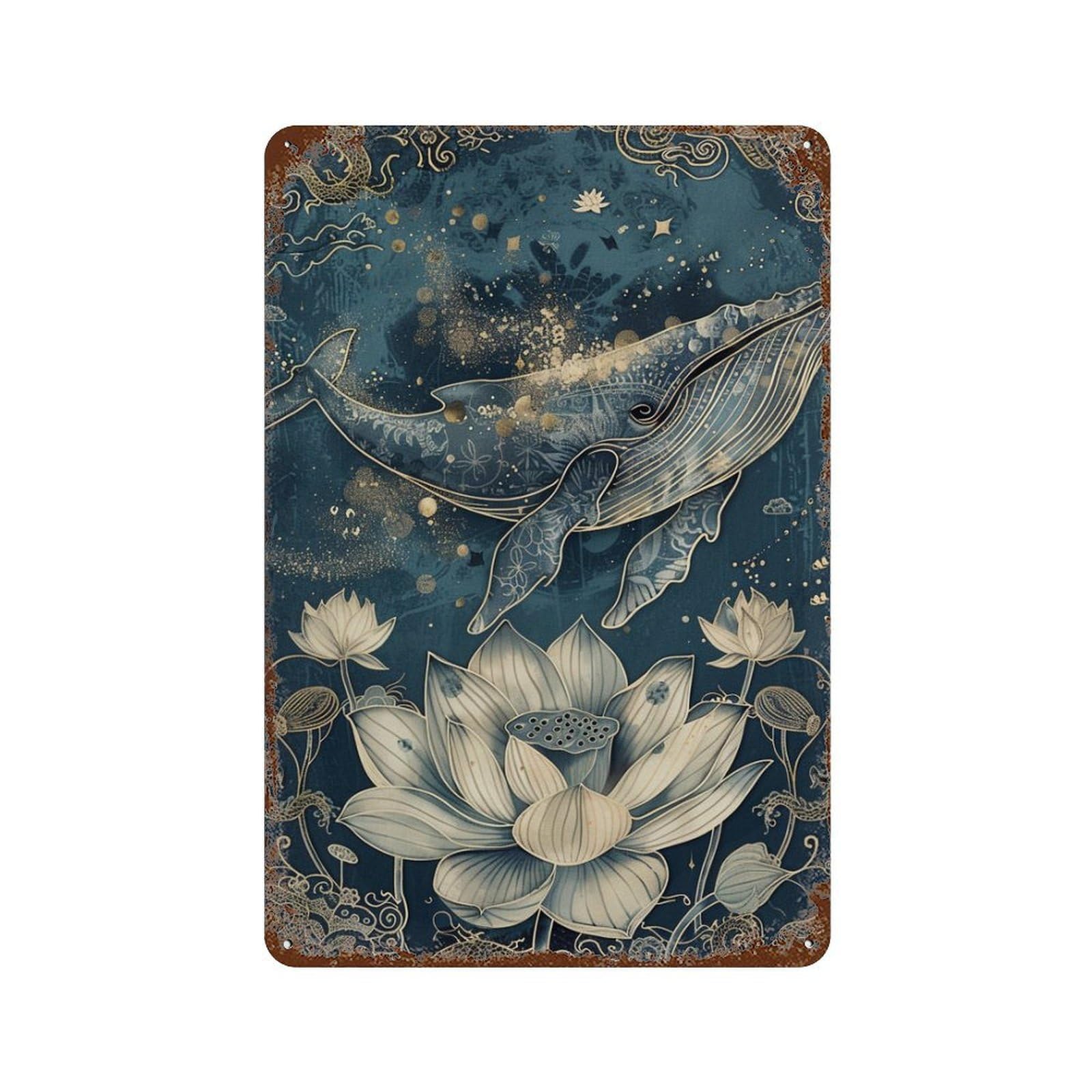 Rust Effect Whale And Lotus Fantasy Art Rustic Tin Plaque 11.8"x7.9", Shabby Chic Decor for Basement, Hobby Room And Garage Decor