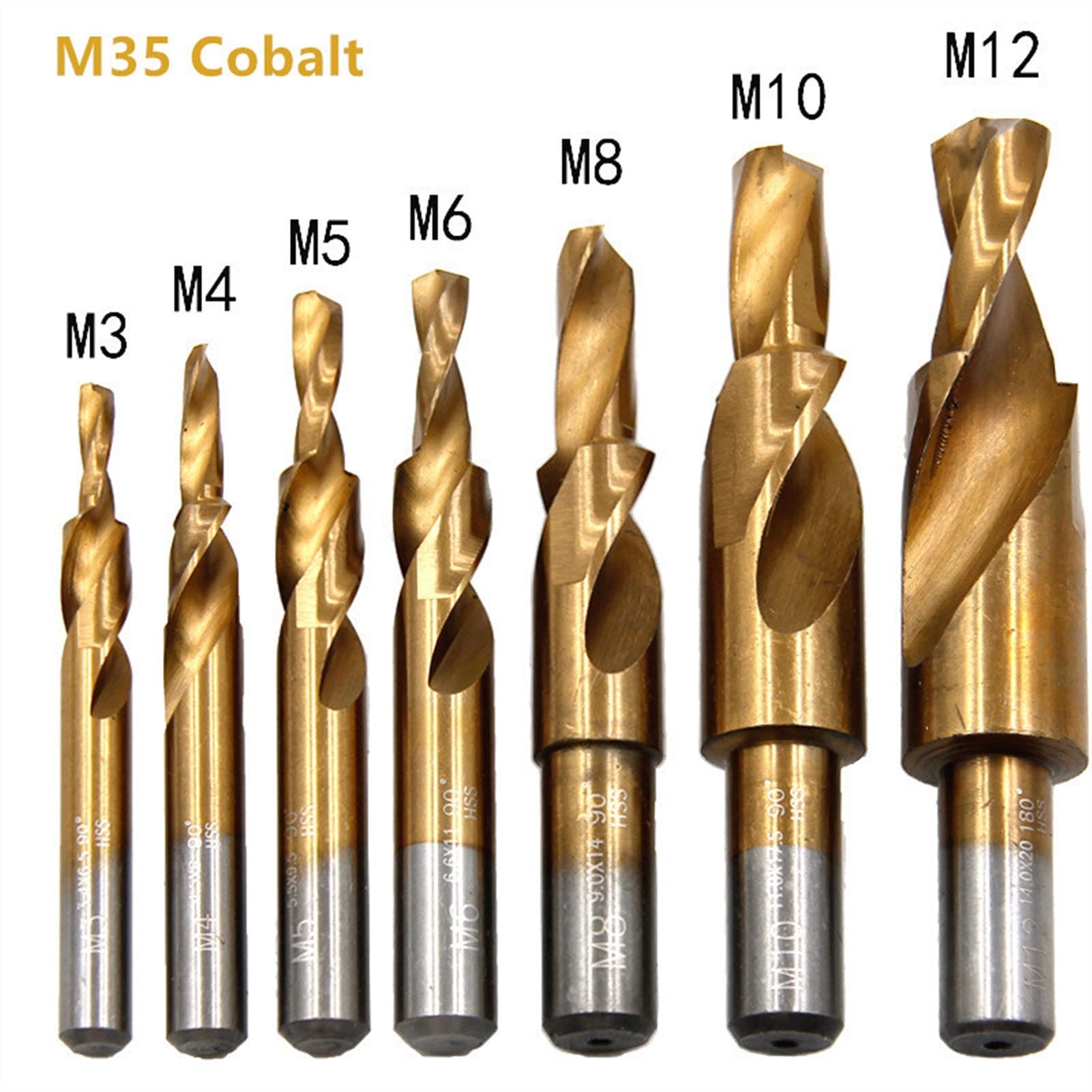 90/180 stopni M35 kobalt/HSS underbore kręte wiertło stopniowe do metalu stalowego wiercenie otworów i fazowanie M3M4M5M6M8M10M12 (kolor: M35 kobalt, średnica otworu: M4)