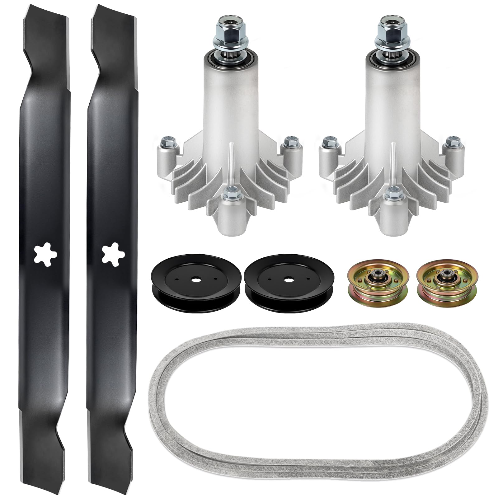 Kit de reconstrucción de husillo de cubierta de cortacésped de 42 pulgadas compatible con Hus qvarna Craftsman LT1000 LT2000, incluye 2 husillos 130794, 2 cuchillas 138971, 2 poleas 153535, 2