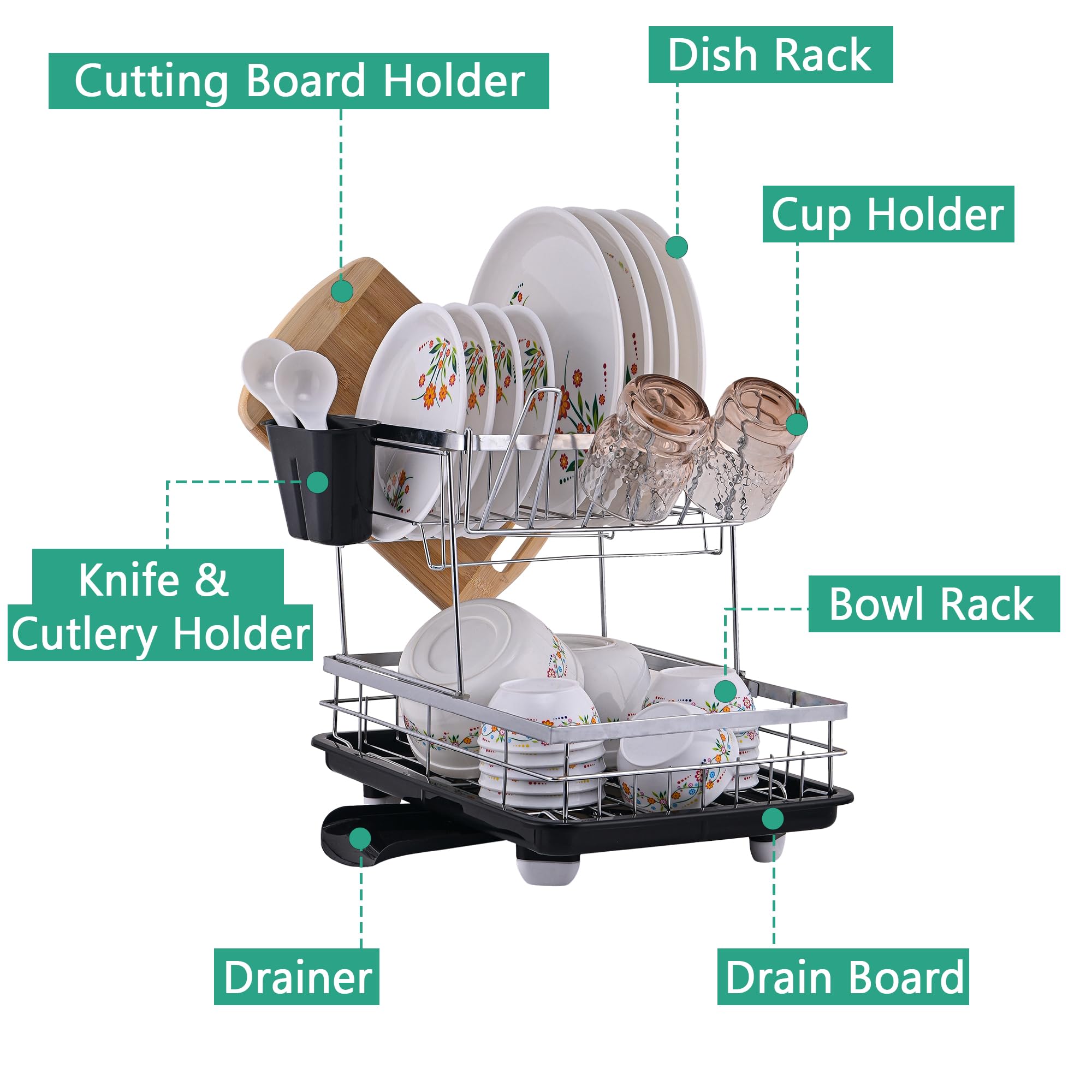 Kuber Industries Stainless Steel 2-Tier Kitchen Dish Drainer Rack with Removable Drain Board | Dishwash Organizer | Utensils Drying Rack with Drainer Tray | Vessel/Bartan Stand for Sink | Black - Image 5 thumbnail