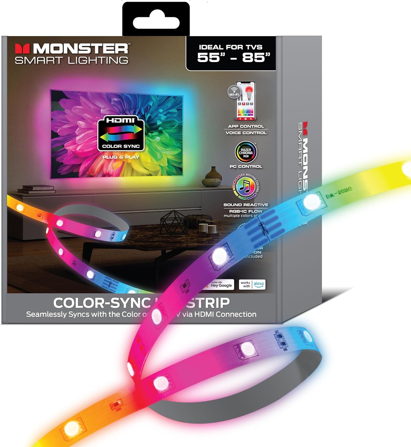 Monster TV Backlight LED Light Strip with HDMI Color Sync Box for TVs up to 85” inch, Smart Wi-Fi RGB+IC Color Flow, Works with Razer Chroma, Alexa, Google, Siri, Music Mode, Custom Scenes, Schedules Monster TV Backlight LED Light Strip with HDMI Color Sync Box for TVs up to 85” inch, Smart Wi-Fi RGB+IC Color Flow, Works with Razer Chroma, Alexa, Google, Siri, Music Mode, Custom Scenes, Schedules
