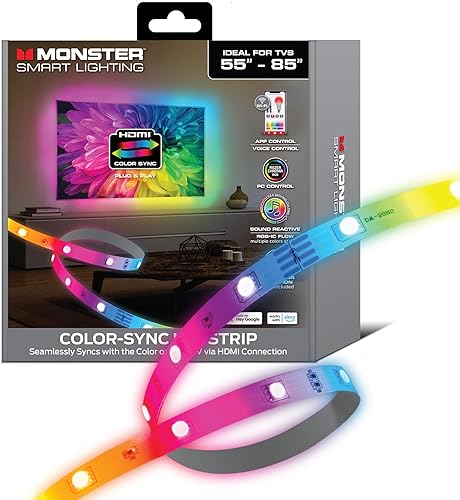 Monster Tira de luz LED de retroiluminación para TV con caja de sincronización de color HDMI para televisores de hasta 85 pulgadas, flujo de color