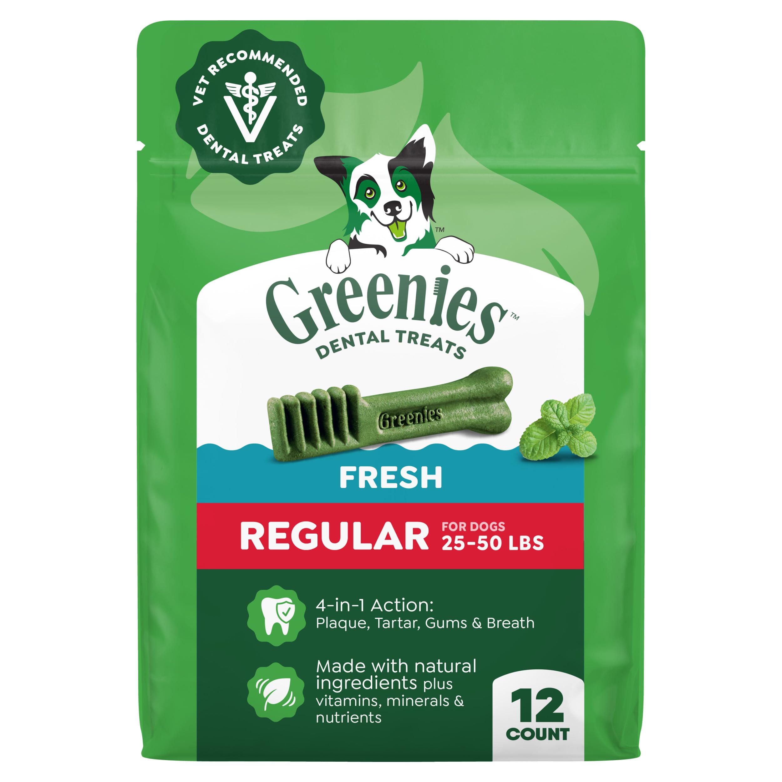 Greenies Regular Natural Dental Dog Treats, Fresh Mint Flavor, 12 Count