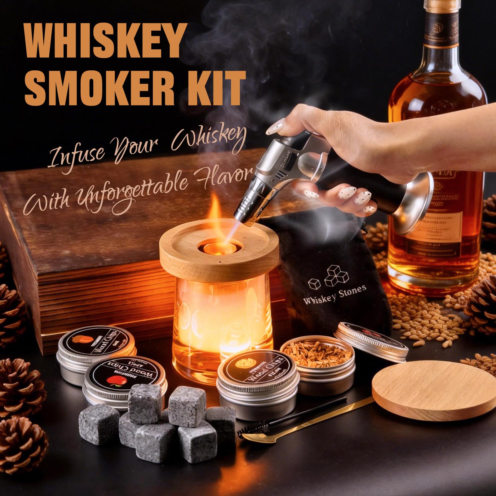 Kit de Fumoir Cocktail, MKNZOME Kit de Fumoir à Whisky à l'ancienne avec 4 Saveurs de Copeaux de Bois Ensemble Fumeur Cocktail Cadeau d'anniversaire Noël Fête des Pères pour Homme, Papa, Mari