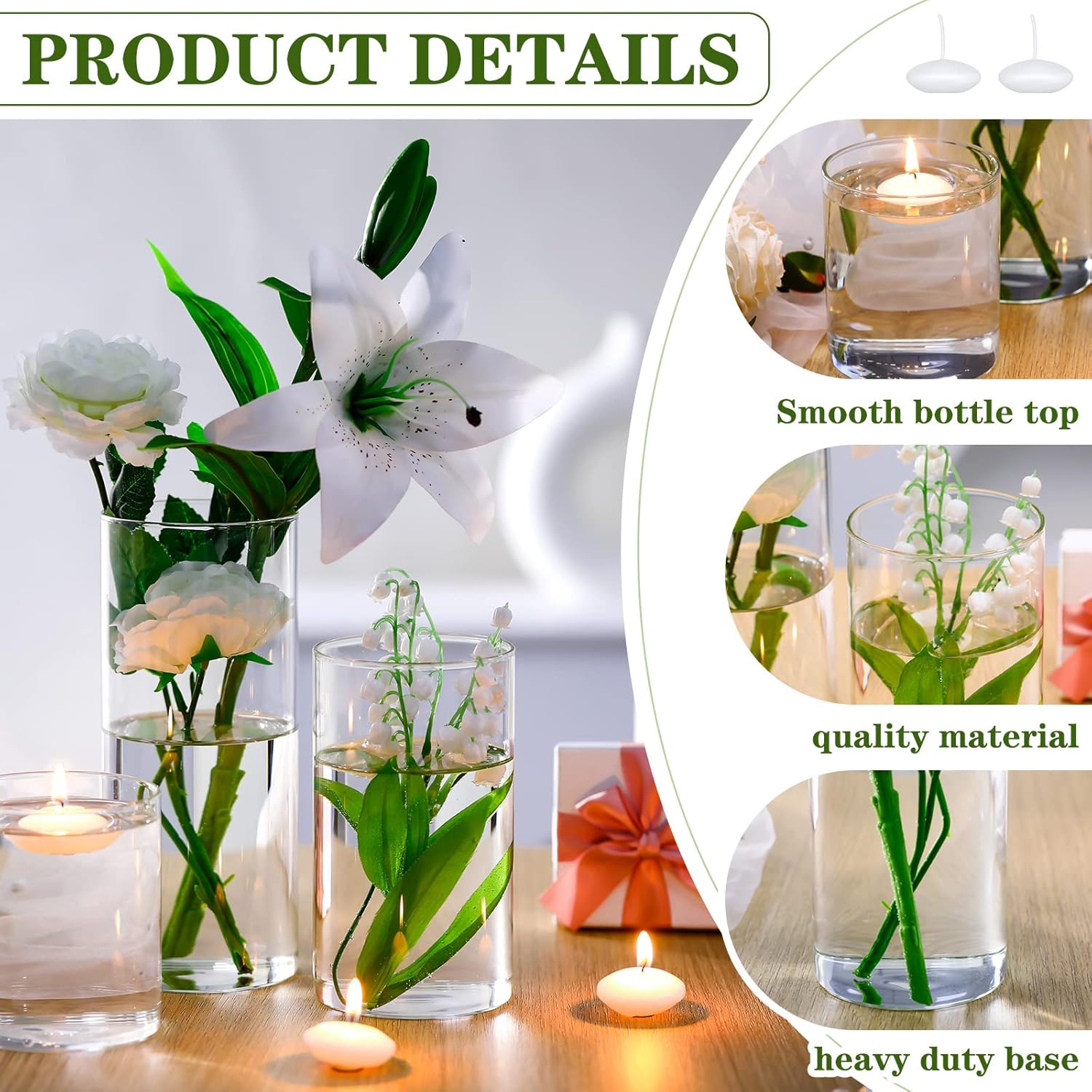 Jinei 12 Pack Glass Cylinder Vases Floating Candle and Clear Flower Vase Set Floating Candle Holders Centerpiece Vases for Table Home Wedding Decoration(White Candle, 3.3 x 4'', 3.3 x 6'', 3.3 x 8'')